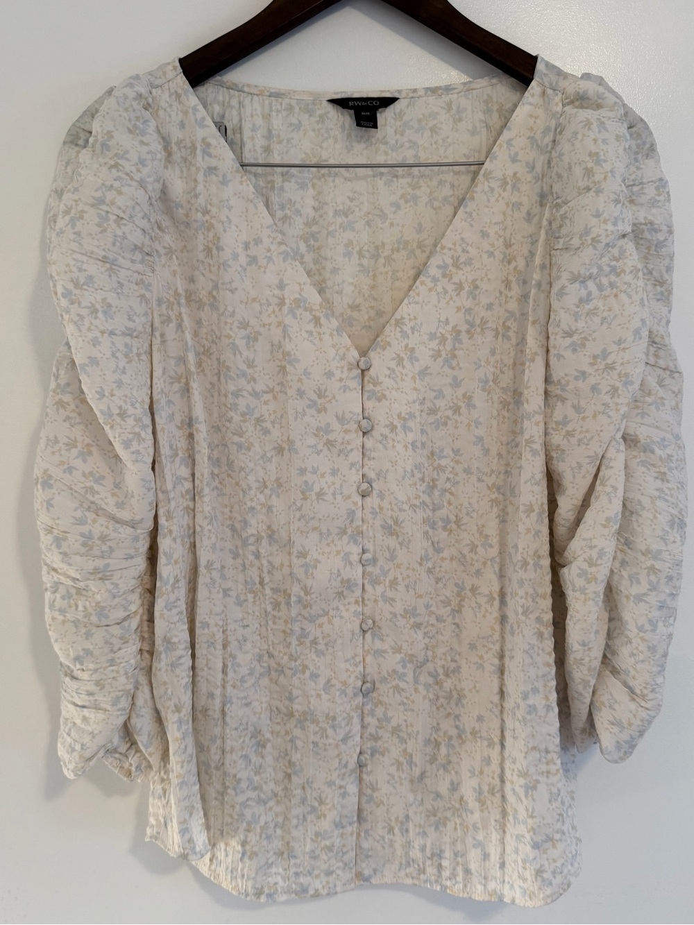 RW&CO. Women's Light Blue and Cream Watercolor V-Neck Blouse